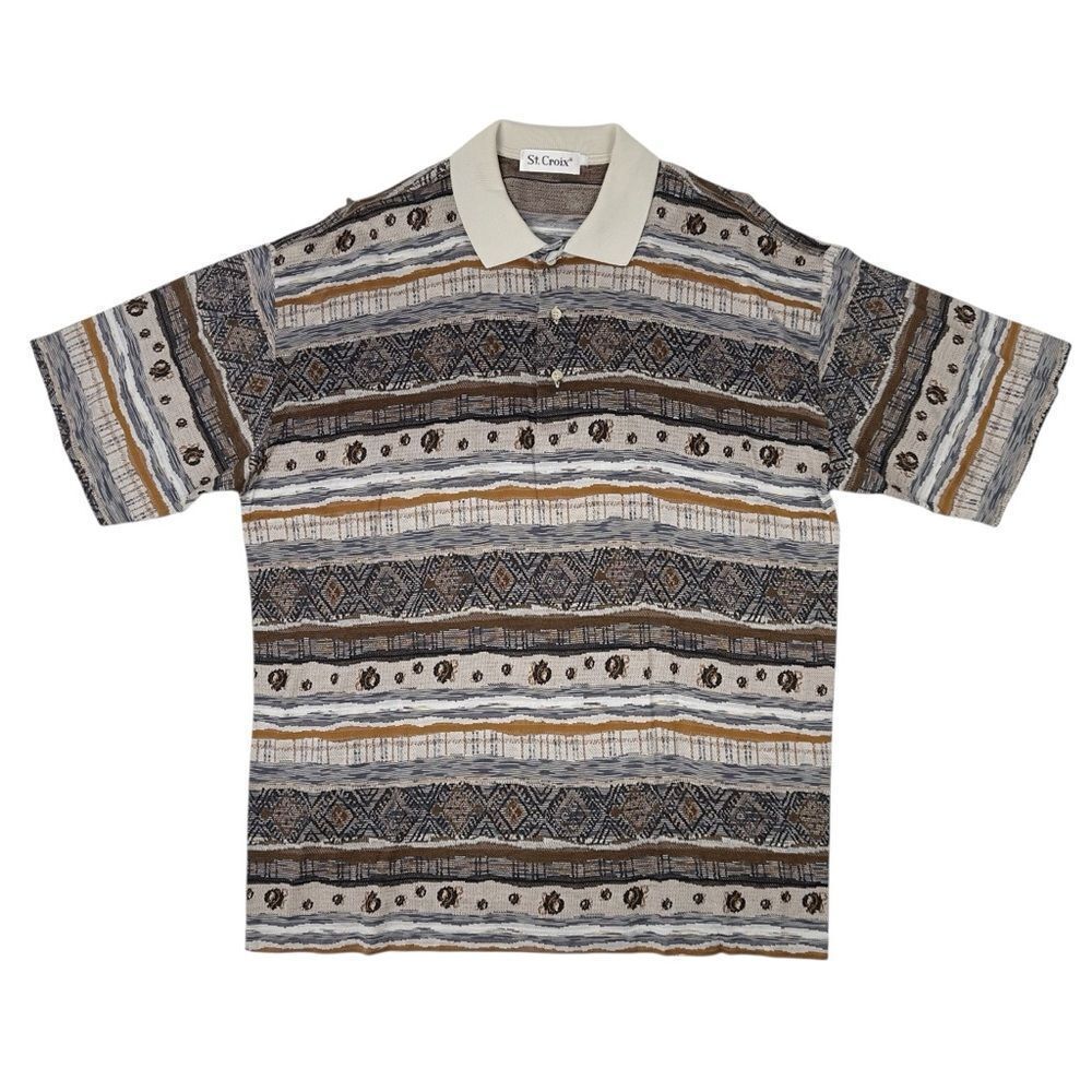 St Croix Vintage Polo Men Size XL Gray Brown Geometric Pattern Short Sleeve